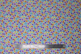 Flat swatch natural dots fabric (off white fabric with tiny tossed floral heads allover in purple, blue, orange, yellow and tossed navy tiny dots)