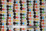 Flat swatch see us hear us love us fabric (white fabric with lines/stripes of diverse cartoon children holding hands)