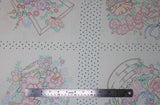 Flat swatch Baskets of Blooms: Stitch fabric (white fabric with widely spaced grid lines in blue loosely tossed heart look shapes with outlined colourful floral, baskets and insects)