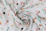 Swirled swatch Yoga Girls printed fabric (cartoon yoga poses and equipment on white)