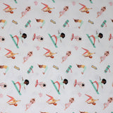 Square swatch Yoga Girls printed fabric (cartoon yoga poses and equipment on white)