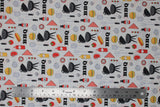 Flat swatch king of the grill fabric (off white fabric with tossed bbq related emblems: black bbqs, hamburgers, ketchup, mustard, onions, mushrooms, skewers, hot dogs, etc.)