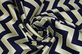 Swirled swatch Gold Chevron fabric (medium thick chevron striped fabric alternating black and gold with metallic/sparkle effect, thin white edges on stripes)