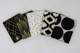 Fanned 5pc precuts in style "Gold" (black with gold diamonds and outlines, black with gold speed look lines, white with gold polka dots, black with white and gold geometric pattern, white with large black gold-outlined dots)