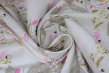 Swirled swatch Portrait fabric (white fabric with pale brown drawn style deer with rosy cheeks and floral/greenery underneath and in antlers in the following colourway: pink, rust, yellow, black/navy)