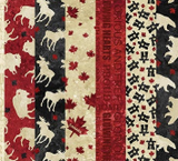Square swatch Oh Canada collection fabric (vertical stripe pattern: red with white animal silhouettes, black stars, black with beige silhouettes and red stars, beige with red maple leaves, red with faint Canada related text, white with black inuksuk and red leaves)