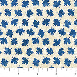 Square swatch Oh Canada themed printed fabric in Blue Maple leaves on beige