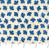 Square swatch Oh Canada themed printed fabric in Blue Maple leaves on beige