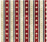 Square swatch Oh Canada collection fabric (vertical stripes alternating between light grey with tiny white maple leaves and red stripes with medium sized beige maple leaves, black lines separating each stripe)