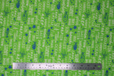 Flat swatch go fish fabric (medium lime green fabric with white text allover related to summer "beach" "fish" etc. and tossed blue fish silhouettes/outlines and blue stars)