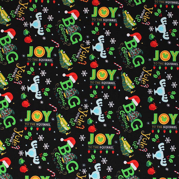Square swatch big christmas fabric (black fabric with small tossed holiday elements allover: white snowflakes, white/red candy canes, red and green holly/leaves, clear look moose cup, 