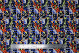 Flat swatch Batman Comic fabric (comic book style rectangular blocked fabric with cartoon Batman character and text with large "Ka-Pow" comic book text and logos)