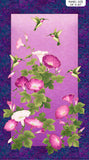 Full panel swatch hummingbird printed fabric in hummingbird panel (light purple with dark purple border, birds and flowers scene)
