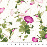 Square swatch hummingbird printed fabric in hummingbird glory (green hummingbirds and purple flowers on white)