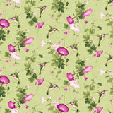 Square swatch Hummingbird Glory Light Green (beige fabric with tossed white and purple floral with greenery and green hummingbirds allover with shimmer)