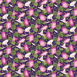 Square swatch Morning Glory Purple Multi fabric (dark purple fabric with busy tossed white and purple floral and greenery allover with shimmer)