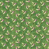 Square swatch Hummingbirds Med Green Multi fabric (green marbled look fabric with busy green hummingbird toss allover and shimmer)