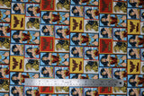 Flat swatch Wonder Woman blocks fabric (square and rectangular blocks with Wonder Woman character poses and heads in various styles with W logo and "Fight for Justice" text)