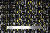 Flat swatch batman icons fabric (black fabric with tiny tossed batman related emblems in grey and yellow, batman logos, beakers, batmobile, etc.)