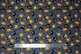 Flat swatch halloween kawaii fabric (grey fabric with tossed kawaii style batman characters in various poses, tossed orange jack-o-lanterns, tossed black bats)