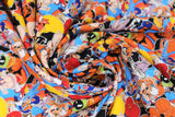 Swirled swatch sticker stack fabric (full colour Space Jam character stickers tossed/collaged allover - subtle white outlining)