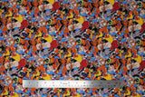 Flat swatch sticker stack fabric (full colour Space Jam character stickers tossed/collaged allover - subtle white outlining)