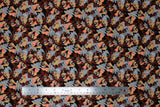 Flat swatch Taz Expressions fabric (black fabric with busy tossed full colour Tasmanian devil characters allover)