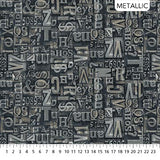 Square swatch Type Set fabric (greyscale collaged text letters in various styles/shades and fonts going in all different directions)