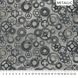 Square swatch Cogs and Wheels fabric (light grey fabric with tossed grey realistic look gears allover in various sizes, styles and layers)