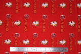 Flat swatch licensed Harry Potter printed fabric in Gryffindor Traits Scatter (crest and text tiled on red)