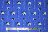 Flat swatch licensed Harry Potter printed fabric in Ravenclaw Traits Scatter (crest and text tiled on blue)