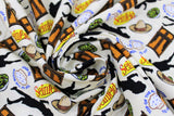 Swirled swatch Elaine Icons Toss fabric (off white fabric with small tossed show logo, salad bowls, Mounty style hats, Elaine character silhouettes, wardrobes, etc.)