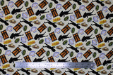 Flat swatch Elaine Icons Toss fabric (off white fabric with small tossed show logo, salad bowls, Mounty style hats, Elaine character silhouettes, wardrobes, etc.)