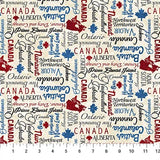 Square swatch Oh Canada themed printed fabric in Inspirational (province names, maple leaves, Canada text and emblem in blue and red on beige)