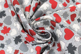 Swirled swatch maple leaves fabric (medium grey fabric with tossed hearts and maple leaves in red, white, light and dark grey)