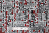 Flat swatch light grey words fabric (light grey fabric with Canada related text allover in red, black, light and dark grey "Brave" "Home" "Maple Leaf" etc. with small red hearts and leaves)