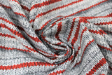 Swirled swatch grey/red multi knit fabric (medium grey knit look fabric with light grey and red stripes)