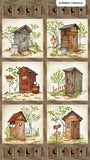 Full panel swatch - Nature's Calling Panel (23" x 45") (wooden rectangular panel with 6 squares depicting different wooden outhouses on white/cream background with some greenery. Outlined with wood and thick wood on top and bottom with moon and sun cut outs.)