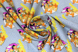 Swirled swatch The Flintstones fabric (grey small leopard print fabric with circular 'The Flinstones' badges in white with full colour characters within (entire family))