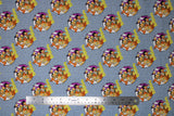 Flat swatch The Flintstones fabric (grey small leopard print fabric with circular 'The Flinstones' badges in white with full colour characters within (entire family))