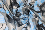 Swirled swatch sharks fabric (light blue/white marbled look fabric with large tossed grey and white realistic looking sharks in various positions, open mouths)