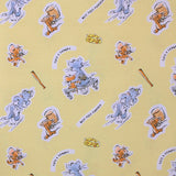Square swatch Tom & Jerry fabric (yellow fabric with tossed cartoon characters with white backgrounds, assorted cat and mouse poses, cheese slices, bats, "Best Foes Forever" text, etc.)