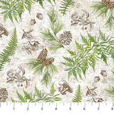 Square swatch Fern and Toile Toss fabric (white fabric with tossed greenery sprigs, pinecones, acorn drawings and floral drawings all in white green and brown colourway)