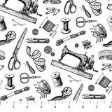 Square swatch Paraphernalia fabric (white fabric with tossed illustrative style black sewing related emblems: spools, scissors, tape measures, etc.)