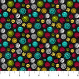Square swatch Coloured Buttons fabric (black fabric with tossed buttons allover in various shapes and sizes: silver, green, yellow, teal, red)