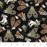 Square swatch Skate Toss Black fabric (black fabric with cracked look texture and tossed vintage style skates and snowshoes allover)