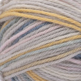 Swatch of Patons Kroy Socks Yarn in shade sidewalk chalk stripes (pale white, light grey, yellow, faded blue colourway)