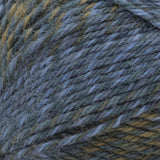 Swatch of Patons Kroy Socks FX Yarn in deep sea (light and medium blue twists with tan/faded green colourway)