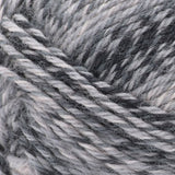 Swatch of Patons Kroy Socks FX Yarn in sidewalk (white, greys, black colourway with twists)