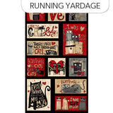 Full panel swatch - Cat Blocks Panel (24" x 45") (black panel with beige and red square/rectangle patches with cartoon cats and related text and hearts allover)